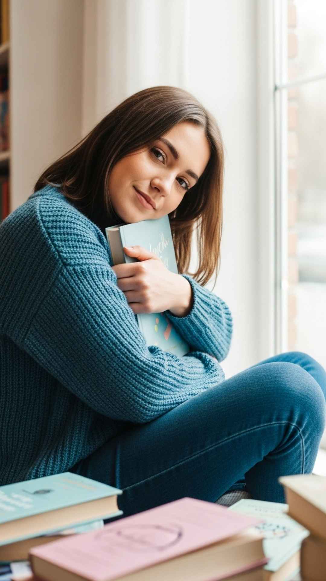A cute DP of a dreamy girl sitting in a cozy bookstore, bathed in soft natural light, perfect for a thoughtful and sweet profile picture.