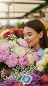 A charming and cute DP of a girl smiling blissfully while smelling a bouquet of pastel flowers at a market, perfect for a romantic and fresh profile picture.