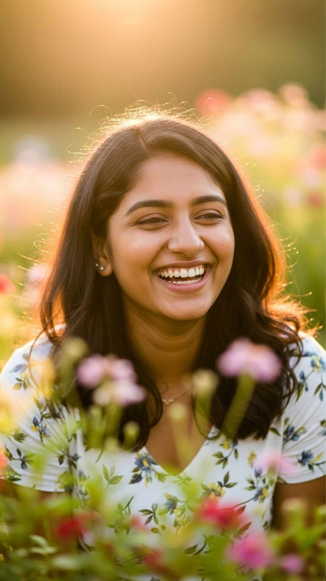 A cute WhatsApp DP of a girl with a genuine laugh in a garden, beautifully lit by the warm golden hour sun, perfect for a friendly and approachable profile picture.