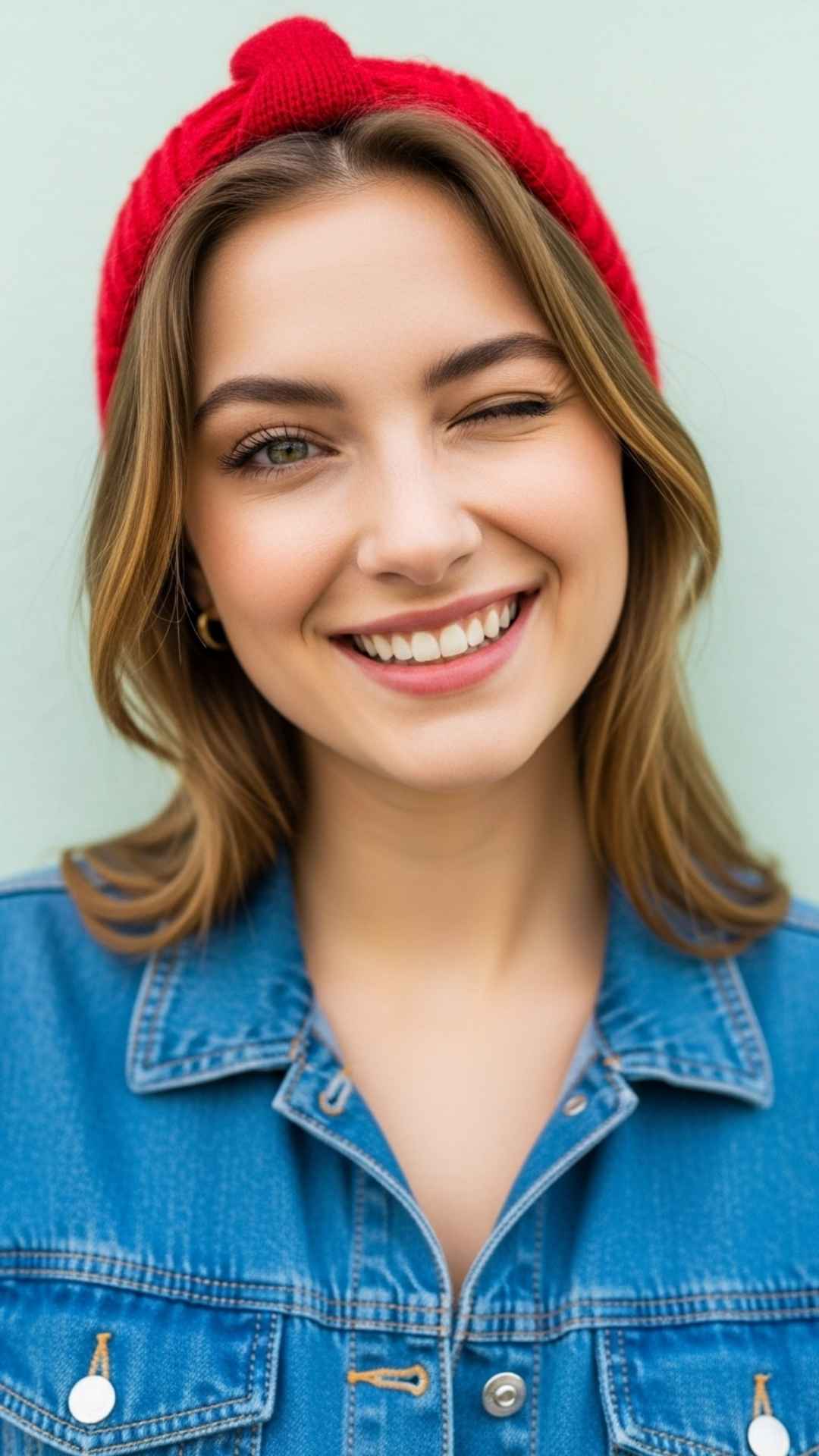 A close-up of a cute girl giving a playful wink, a fun and friendly choice for a WhatsApp DP with a pastel background.