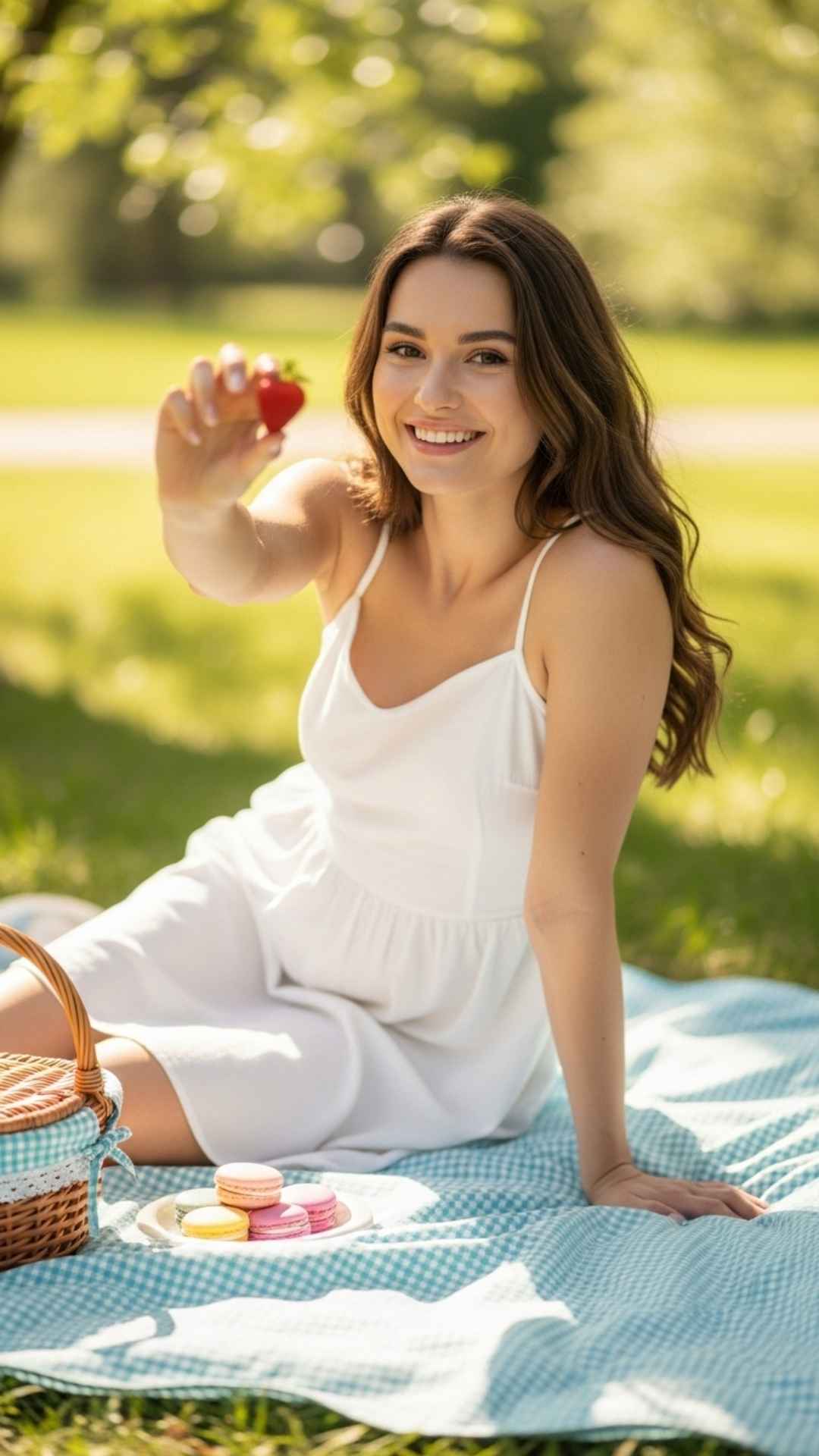 A cute girl smiling playfully at a sunny picnic, offering a strawberry, making a perfect friendly and cute WhatsApp DP.