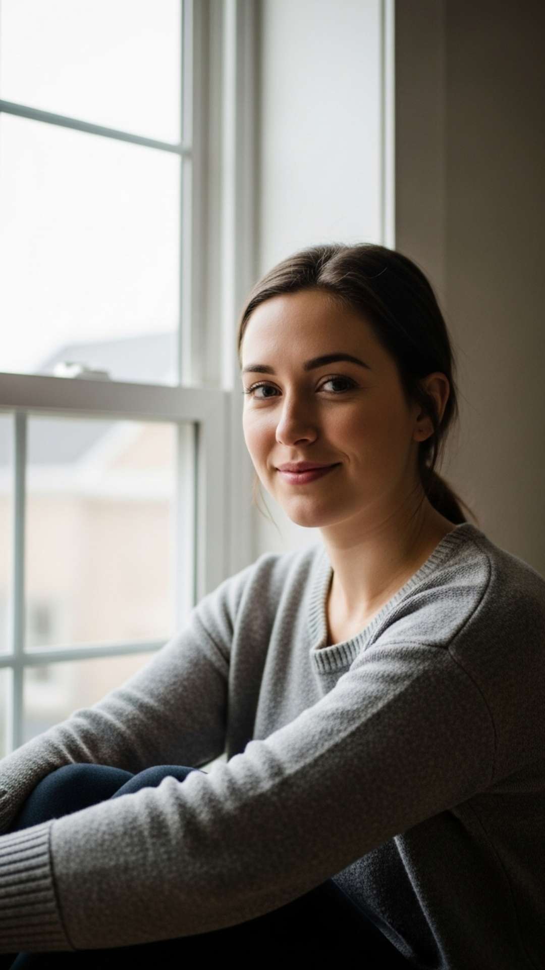 A simple and cute DP of a girl with a trustworthy smile, softly lit by natural window light, creating a warm and approachable WhatsApp profile picture.