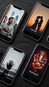 A collection of smartphones displaying a diverse range of DP images including attitude, love, sad, and religious themes for WhatsApp and Instagram - Free HD & 4K DP Images | Majekfilms.com