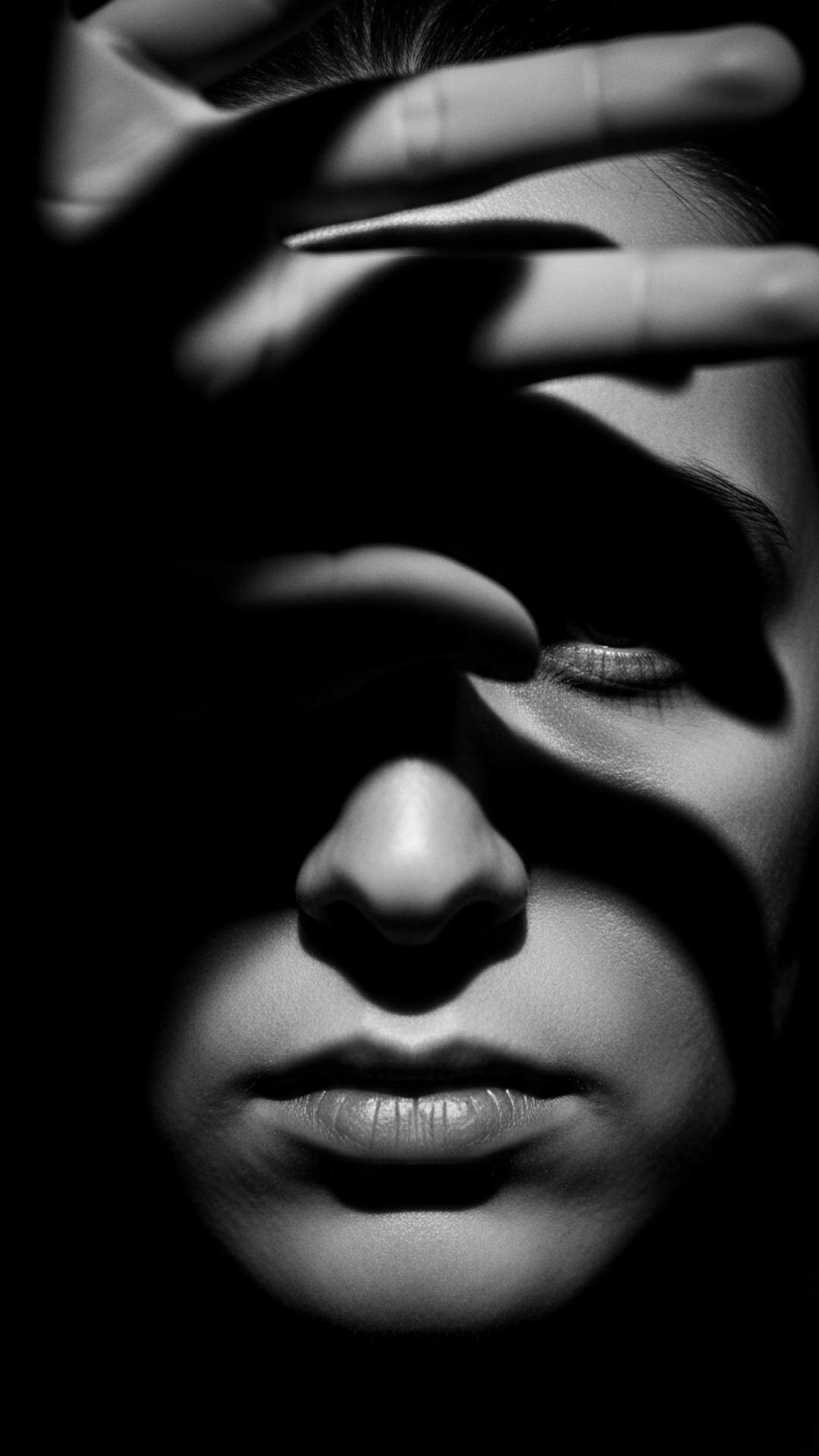 Black and white portrait with face partially hidden by dramatic hand shadow, conveying subtle strained sadness. Sad DP, high contrast, artistic
