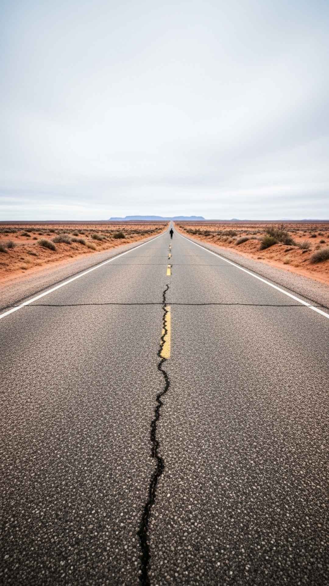 Empty desert road with tiny lone figure walking away, symbolizing endless journey and deep loneliness. Sad DP, empty, vastness