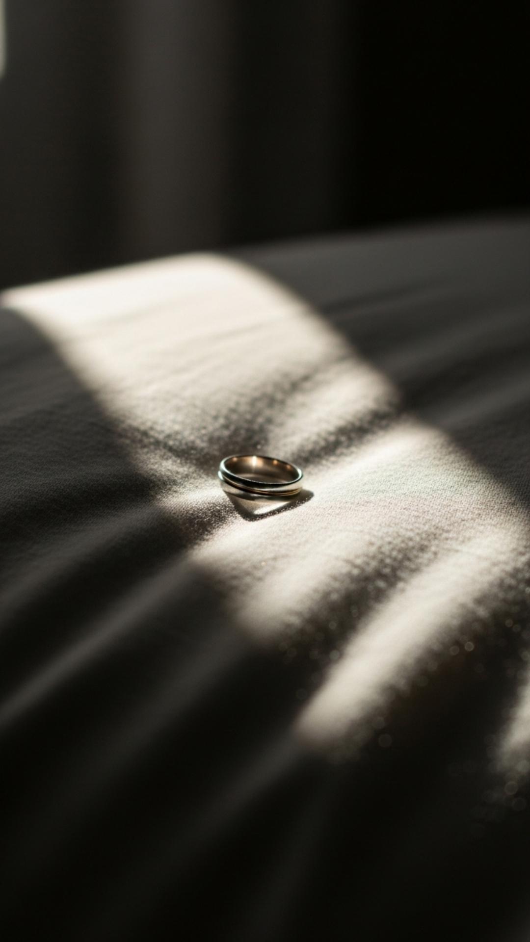 A close-up photo of a forgotten wedding ring resting in the shadow on a wrinkled pillow.