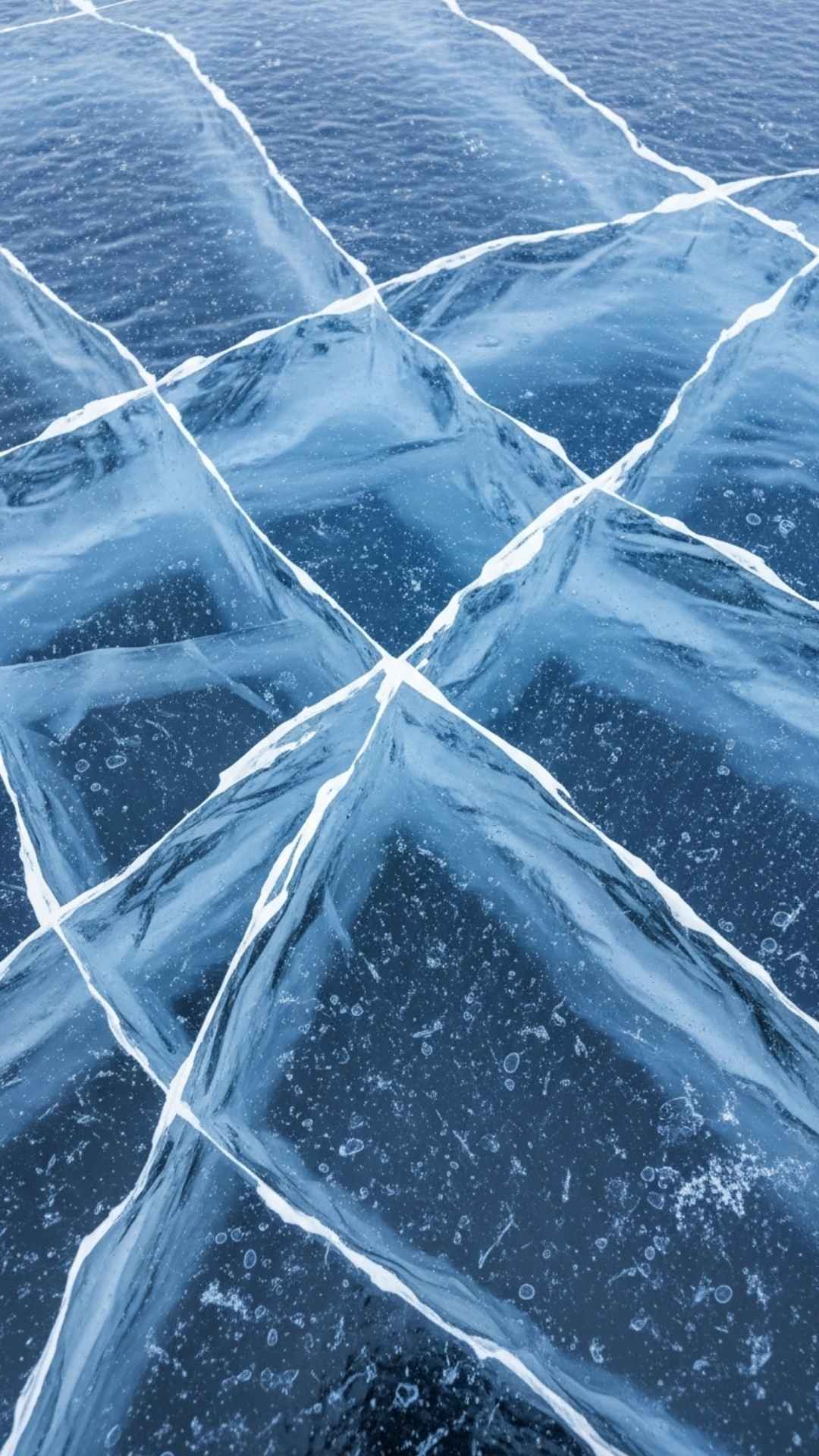 Fractured ice surface with deep cracks, cool blue light, symbolizing emotional detachment and internal brokenness. Sad DP, abstract, cold.