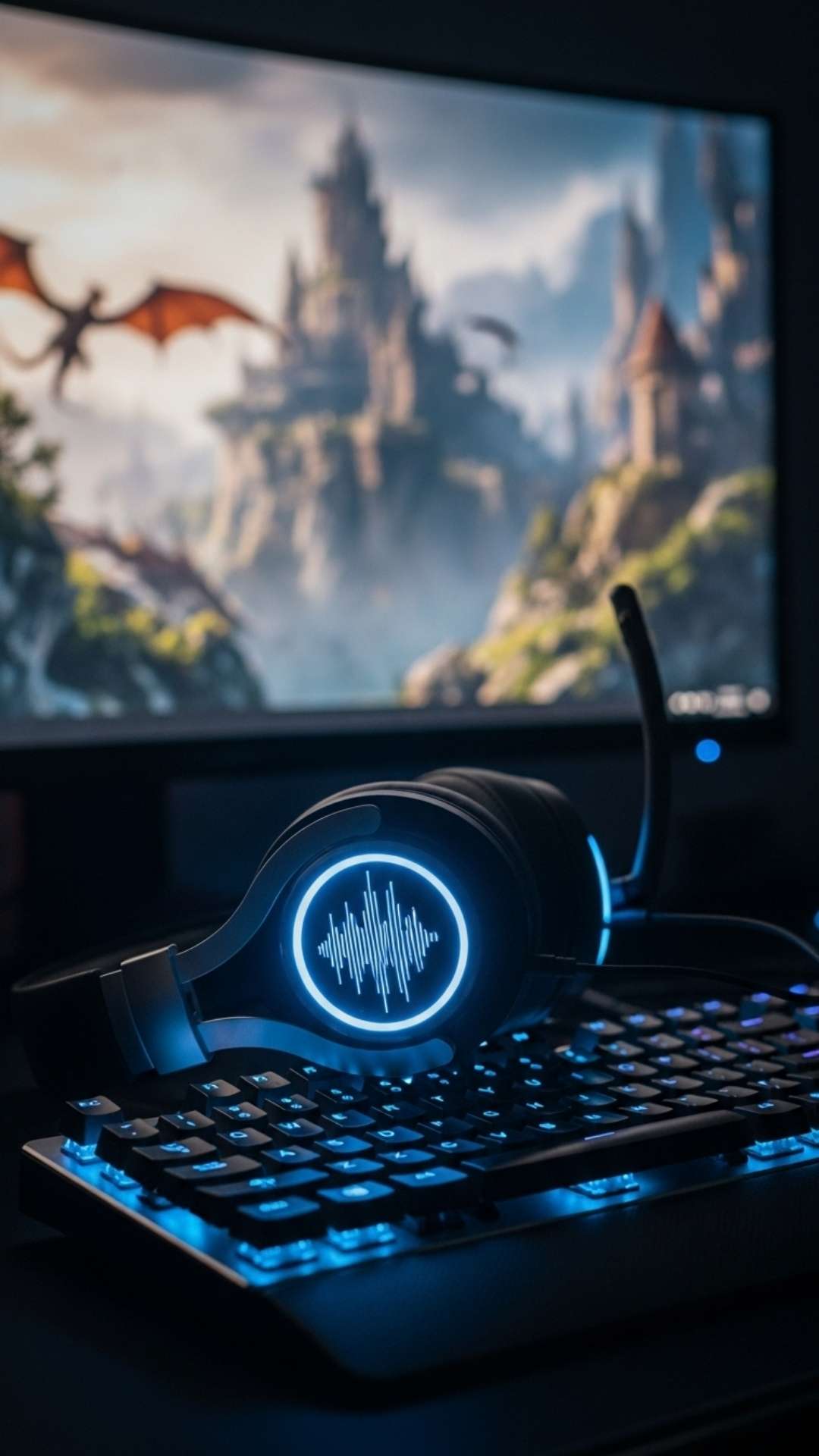 Gaming DP for boys featuring glowing neon headphones on a mechanical keyboard in front of a blurred fantasy game screen