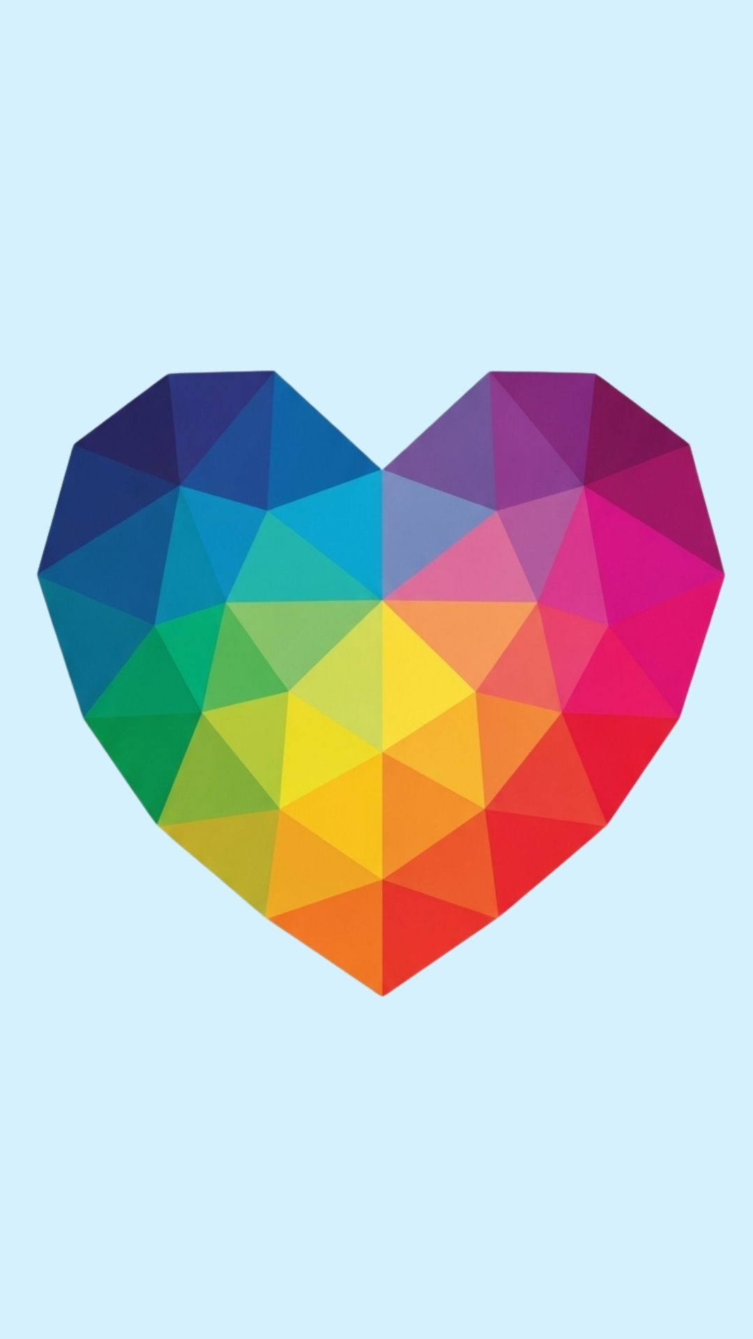 A geometric heart illustration made of interlocking triangles in a colorful mosaic pattern.