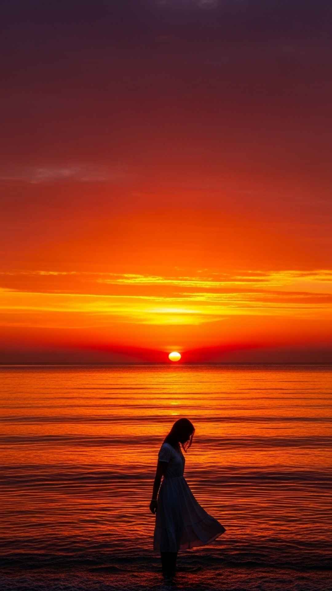 Girl in flowing dress silhouetted against fiery sunset over ocean, emphasizing vastness and solitary contemplation. Sad DP, lonely, silhouette