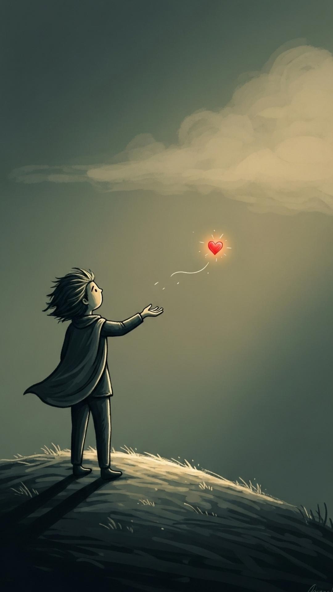 A digital painting of a person on a hill watching a glowing heart float away.