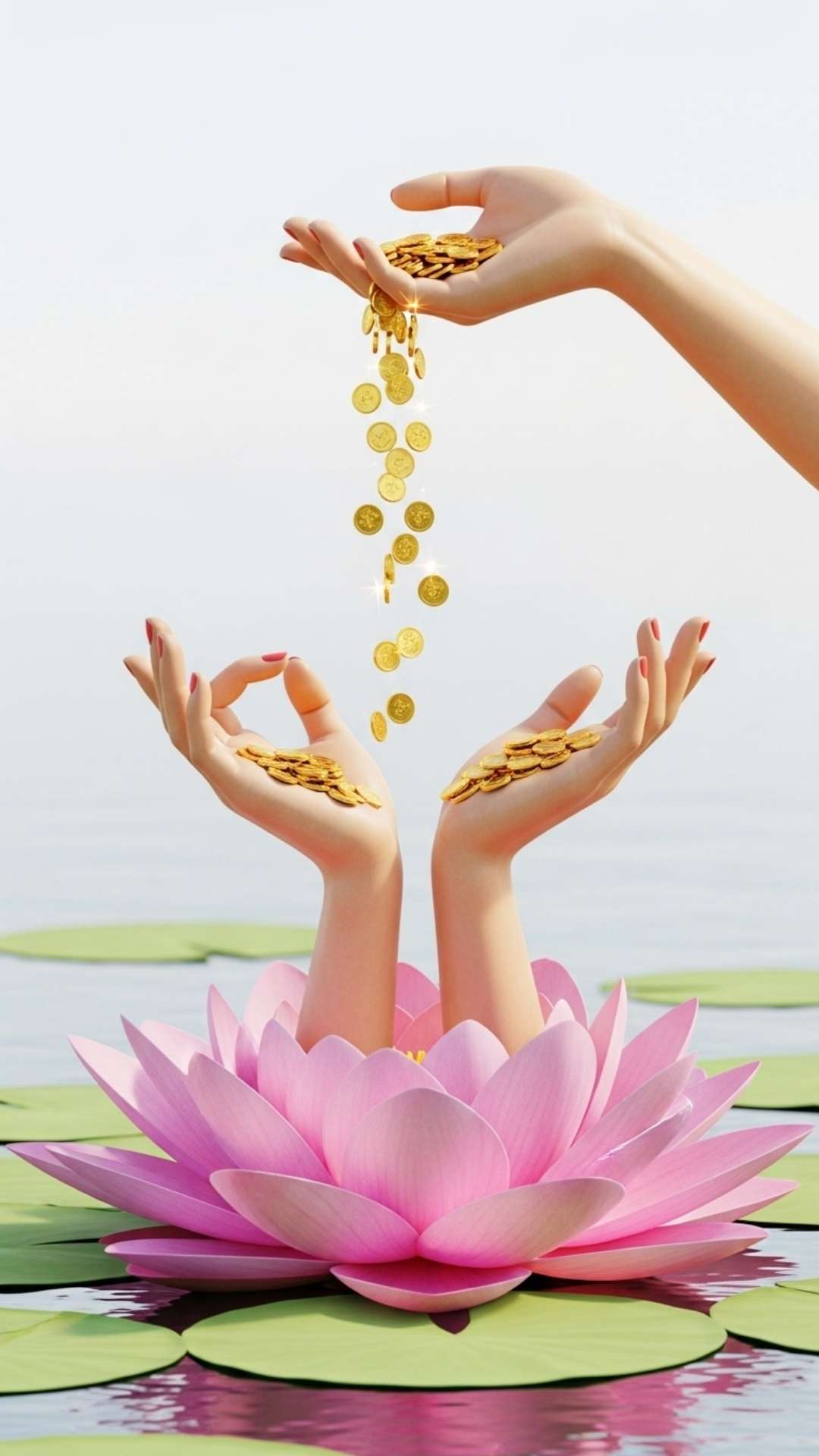 An elegant HD wallpaper of Goddess Lakshmi's hands emerging from a lotus, showering gold coins for prosperity - Lakshmi Mata Wallpaper | Majekfilms.com