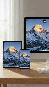 A beautiful display of a smartphone, tablet, and desktop monitor all showing the same stunning HD & 4K nature wallpaper of a mountain sunrise, demonstrating versatility for all devices - Free Wallpapers | Majekfilms.com