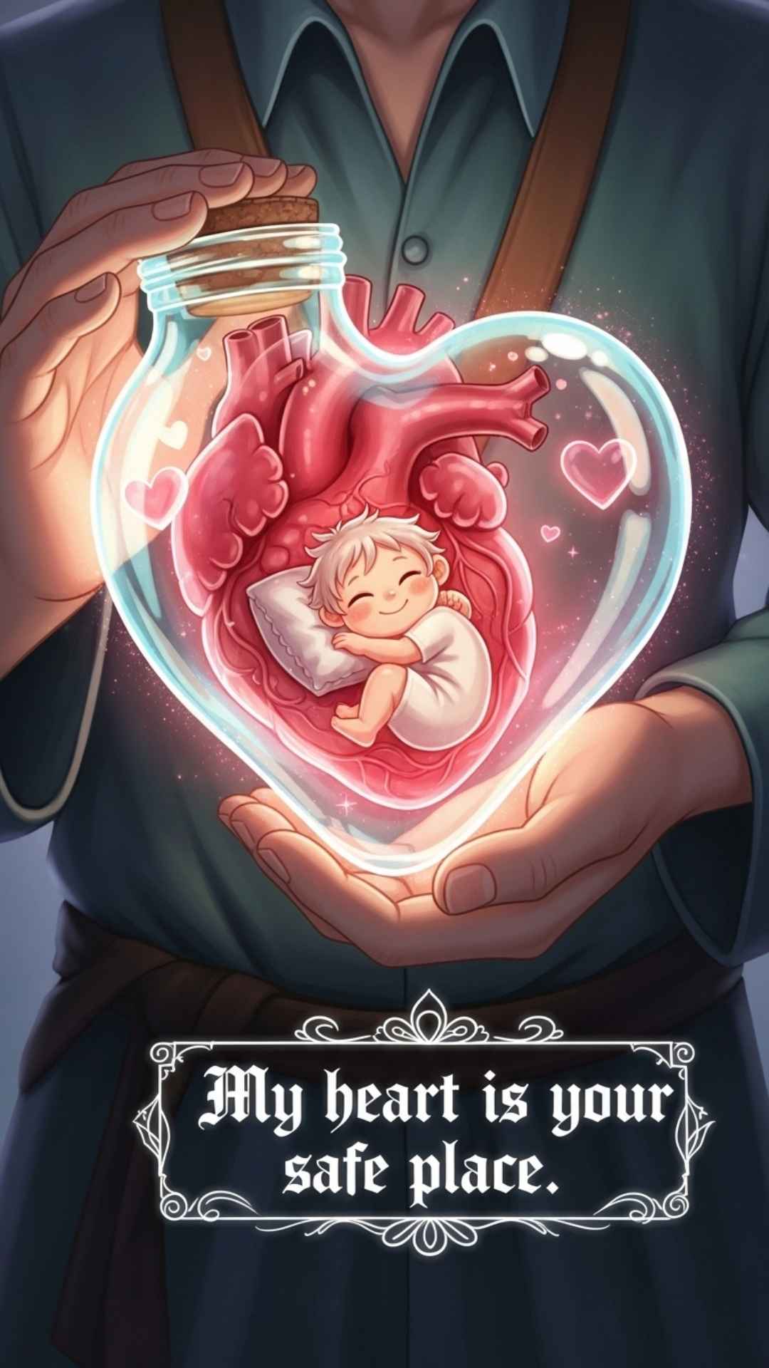 A fantasy illustration of a person holding a glass heart jar with their loved one inside, with a love quote.