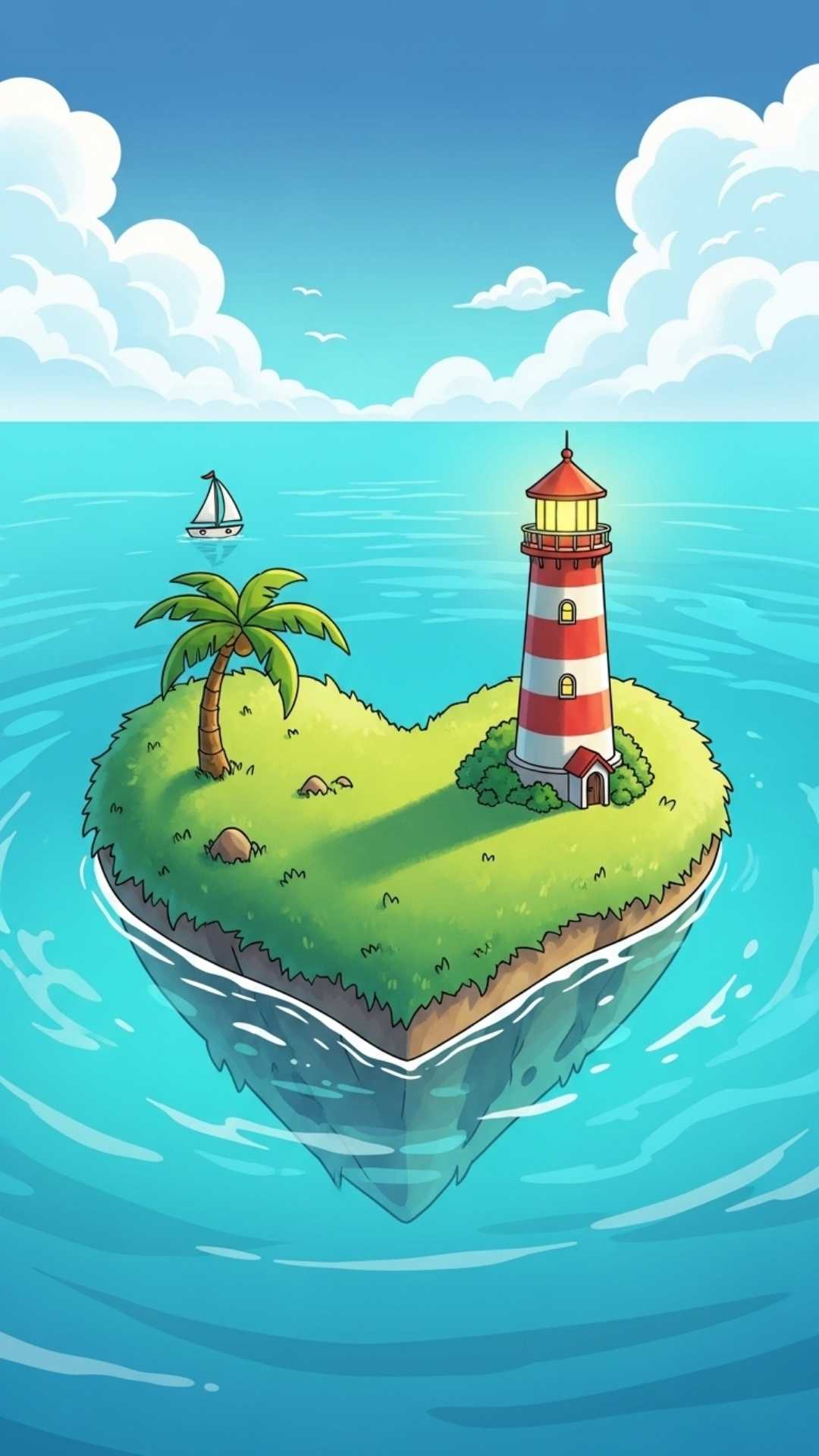 A whimsical heart-shaped island floating in a turquoise ocean with a palm tree.