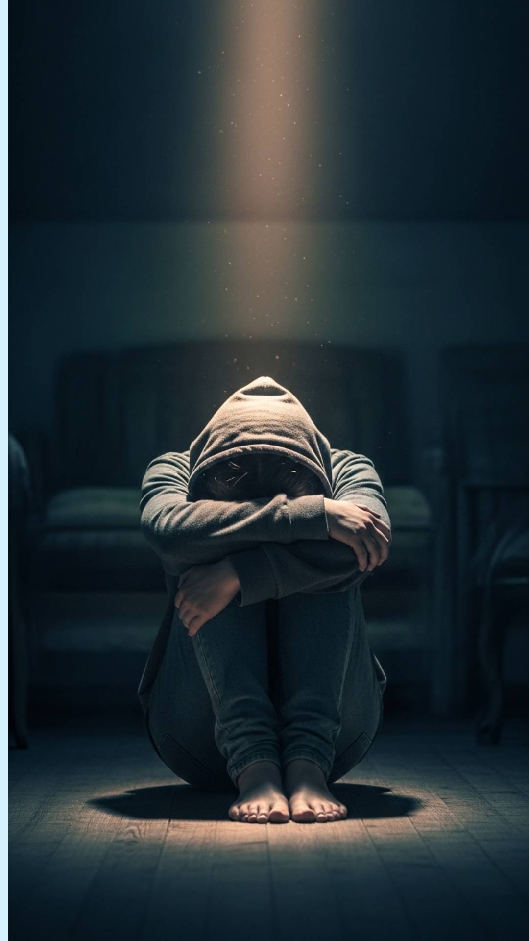 Person with face buried in arms, knees to chest, in dimly lit room, conveying profound withdrawal and quiet despair. Sad DP, hidden face, introspection