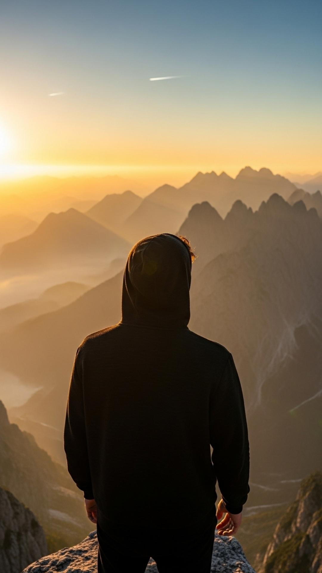 Hidden face DP of a boy in a hoodie looking at a misty mountain landscape.