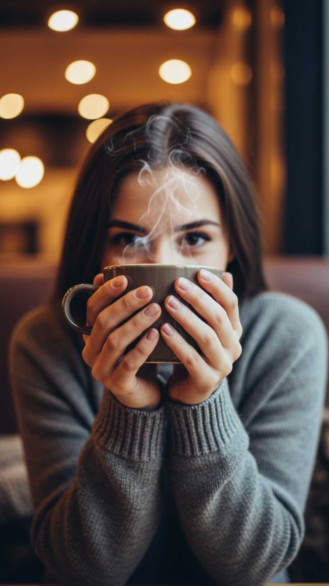 A cozy and stylish hidden face DP of a girl peeking over a coffee mug in a cafe, perfect for a subtle and aesthetic profile picture.