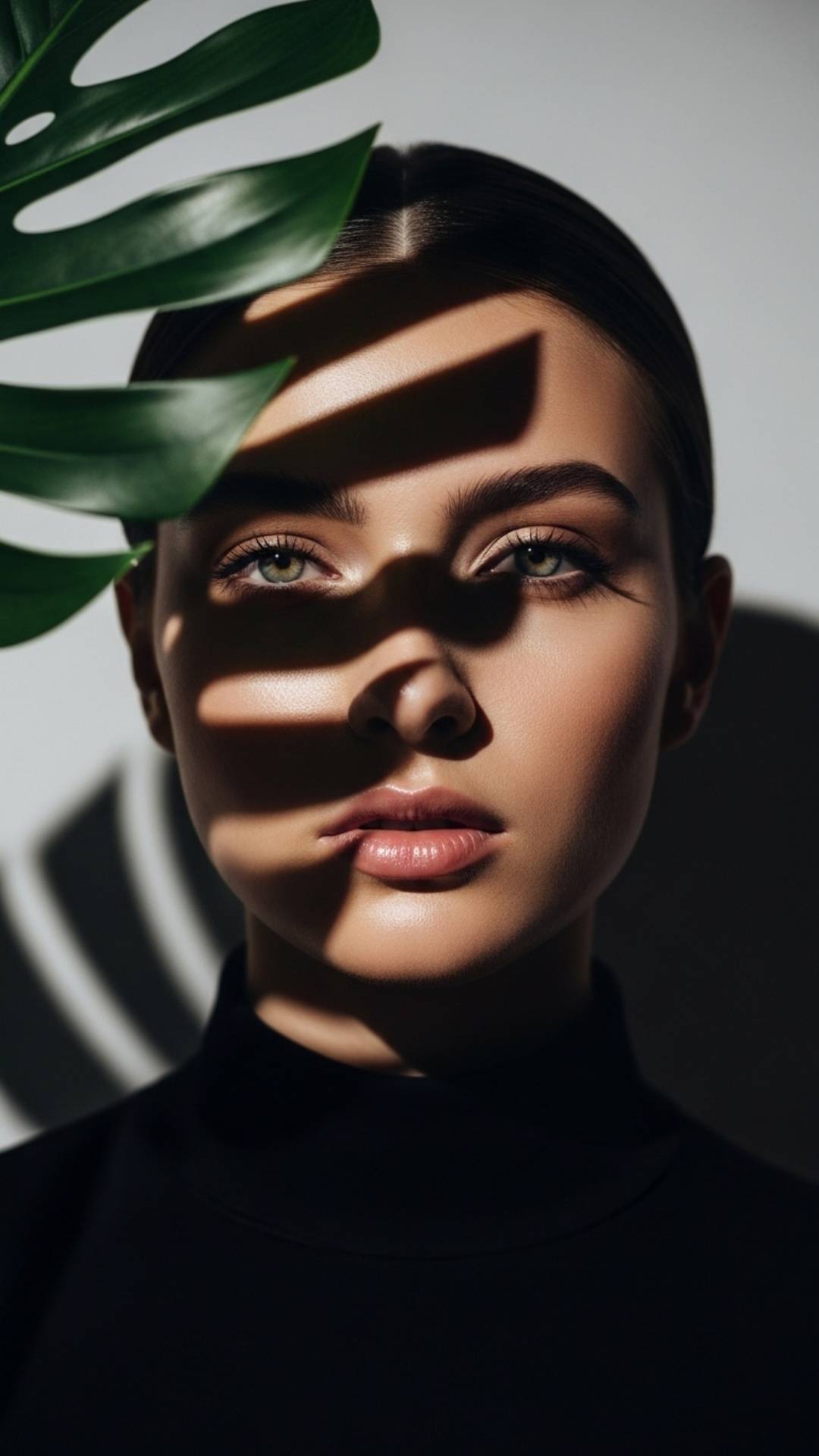 An artistic and mysterious hidden face DP where a girl's face is obscured by the dramatic shadow of a plant leaf.
