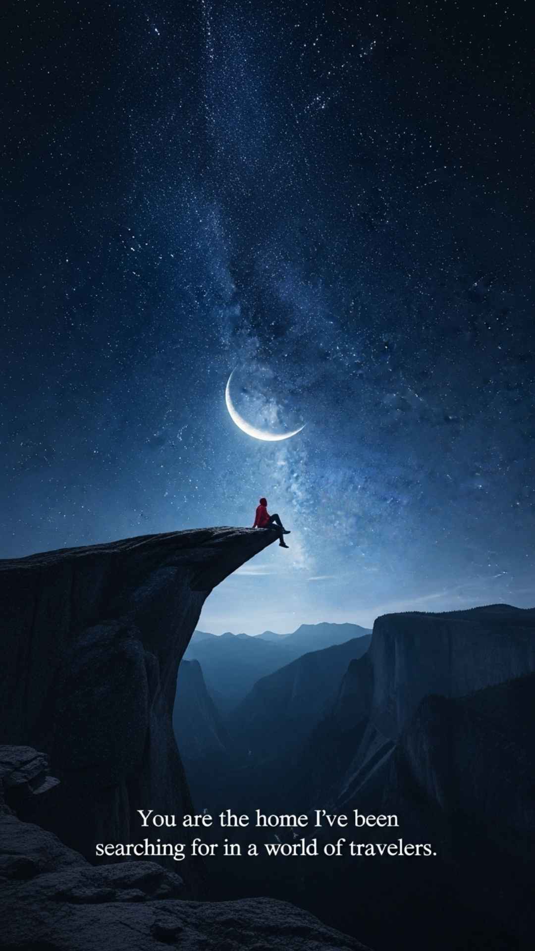 A person sitting on a cliff edge under a starry sky with a deep love quote.