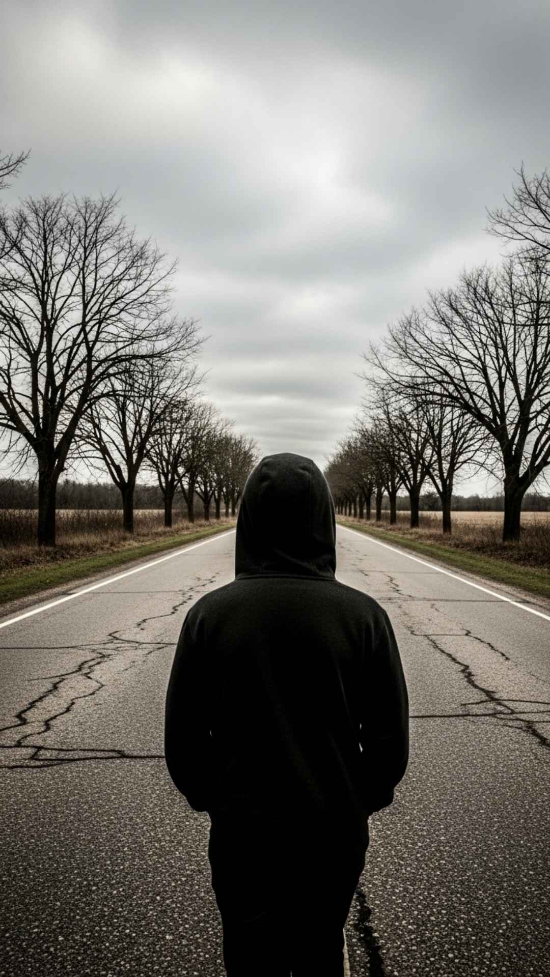 Person walking away with hoodie obscuring face on empty road, conveying solitude and anonymity. Sad DP, hooded figure, distant