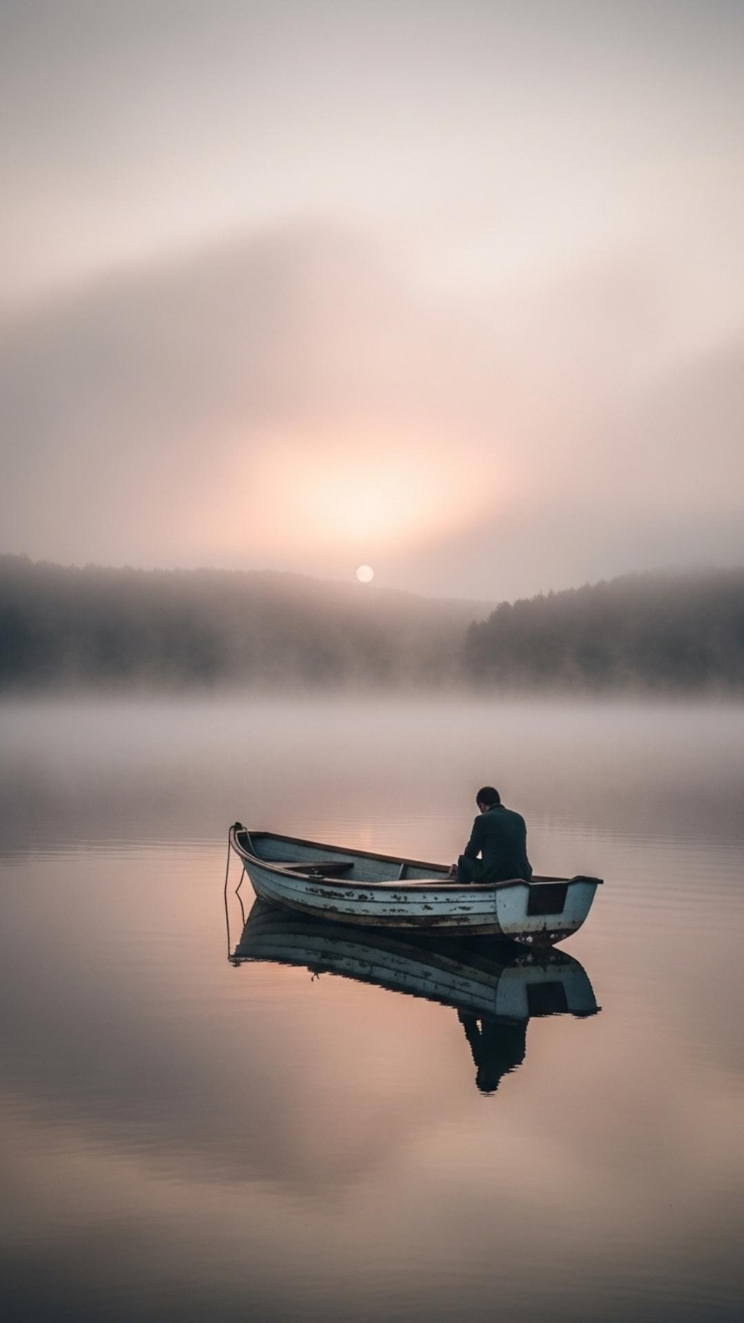 Small boat with lone figure drifting on misty lake at dawn, profound isolation and calm. Sad DP, peaceful, lonely