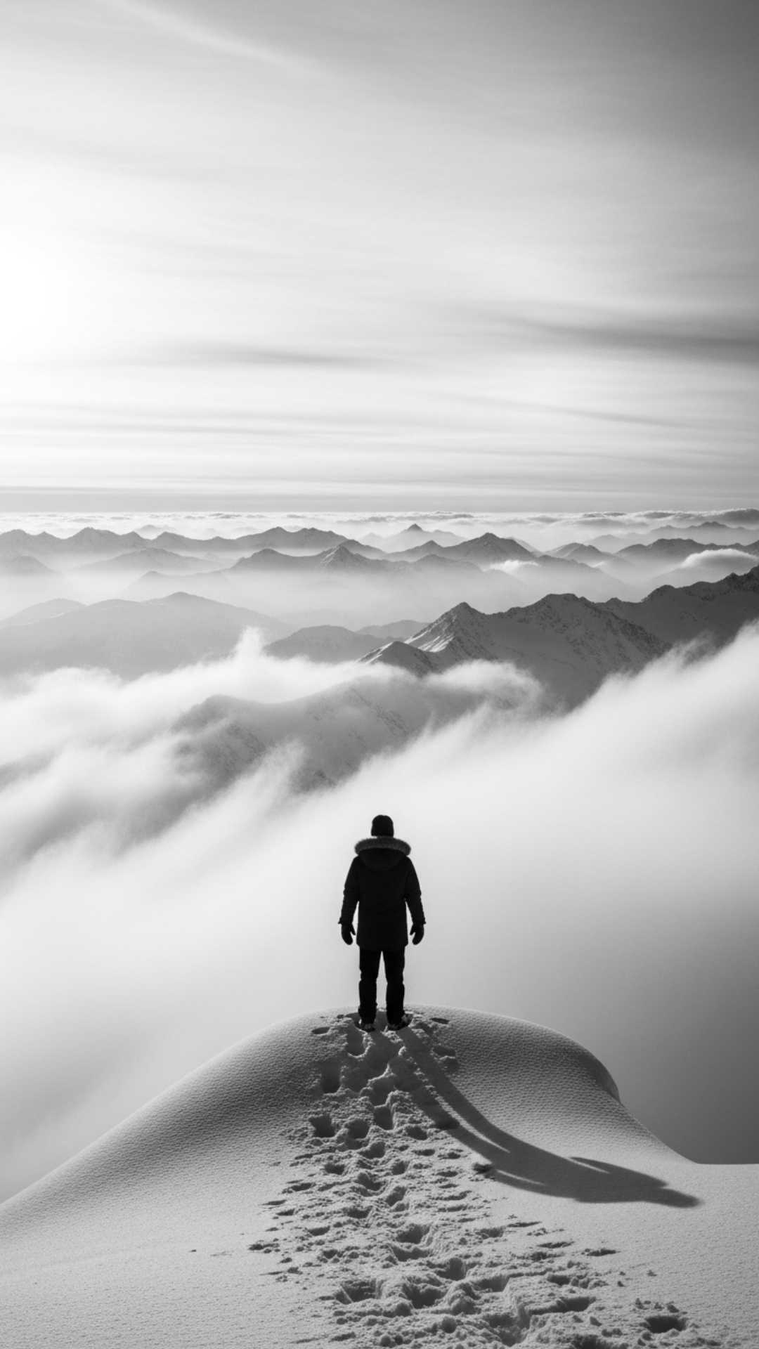 Lone figure on misty snow mountain peak at dawn, back to viewer, symbolizing solitude and vastness. Sad DP, lonely, introspection
