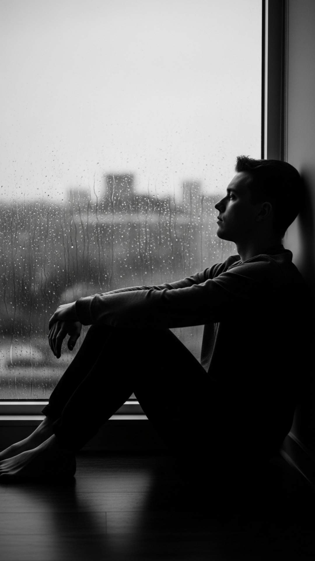 Lonely DP of a boy sitting alone and looking out a window at the rain, moody black and white photography