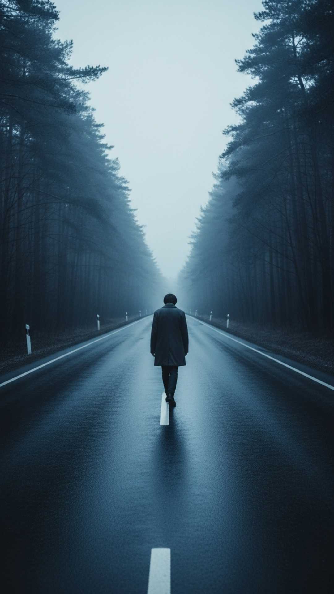 A lonely DP showing a person walking down an empty road into a misty forest, symbolizing a sad or solitary journey.