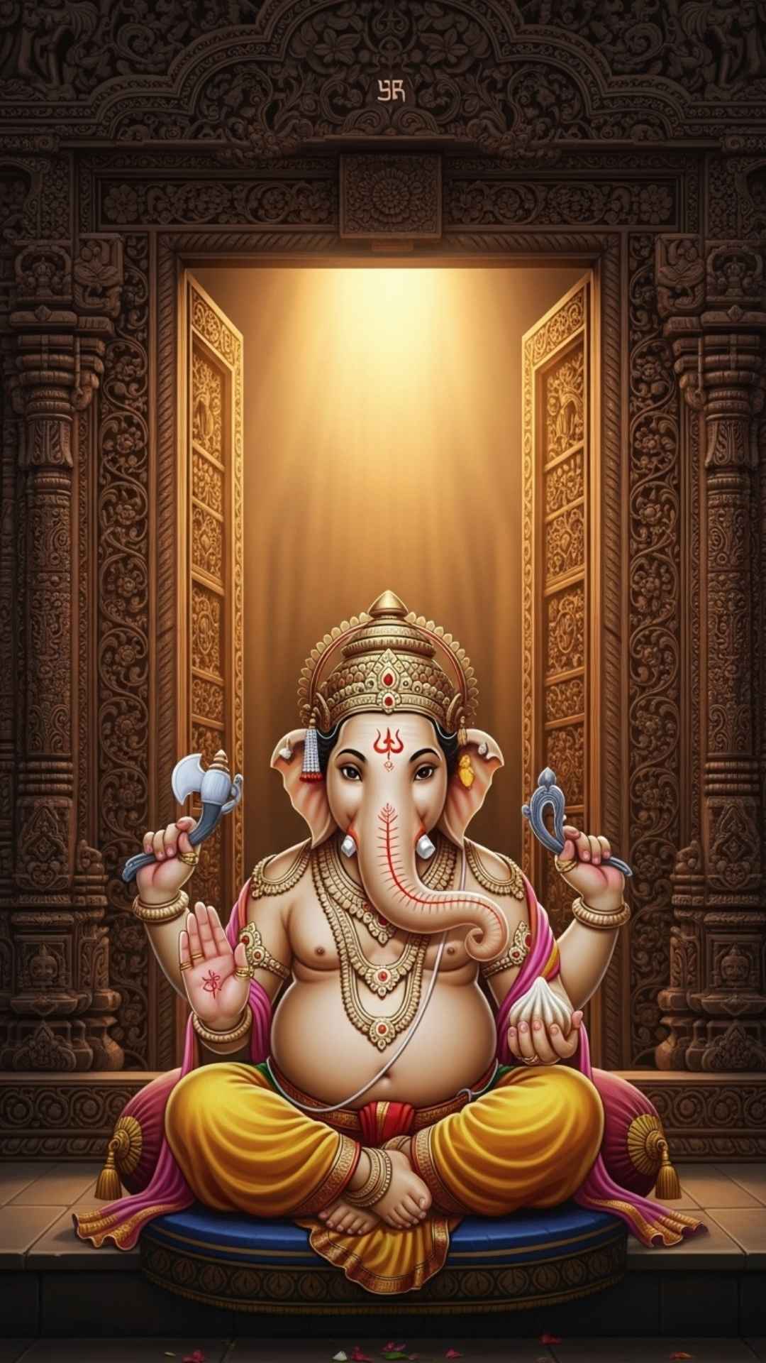 Religious DP of Lord Ganesha giving blessings in front of a temple door.
