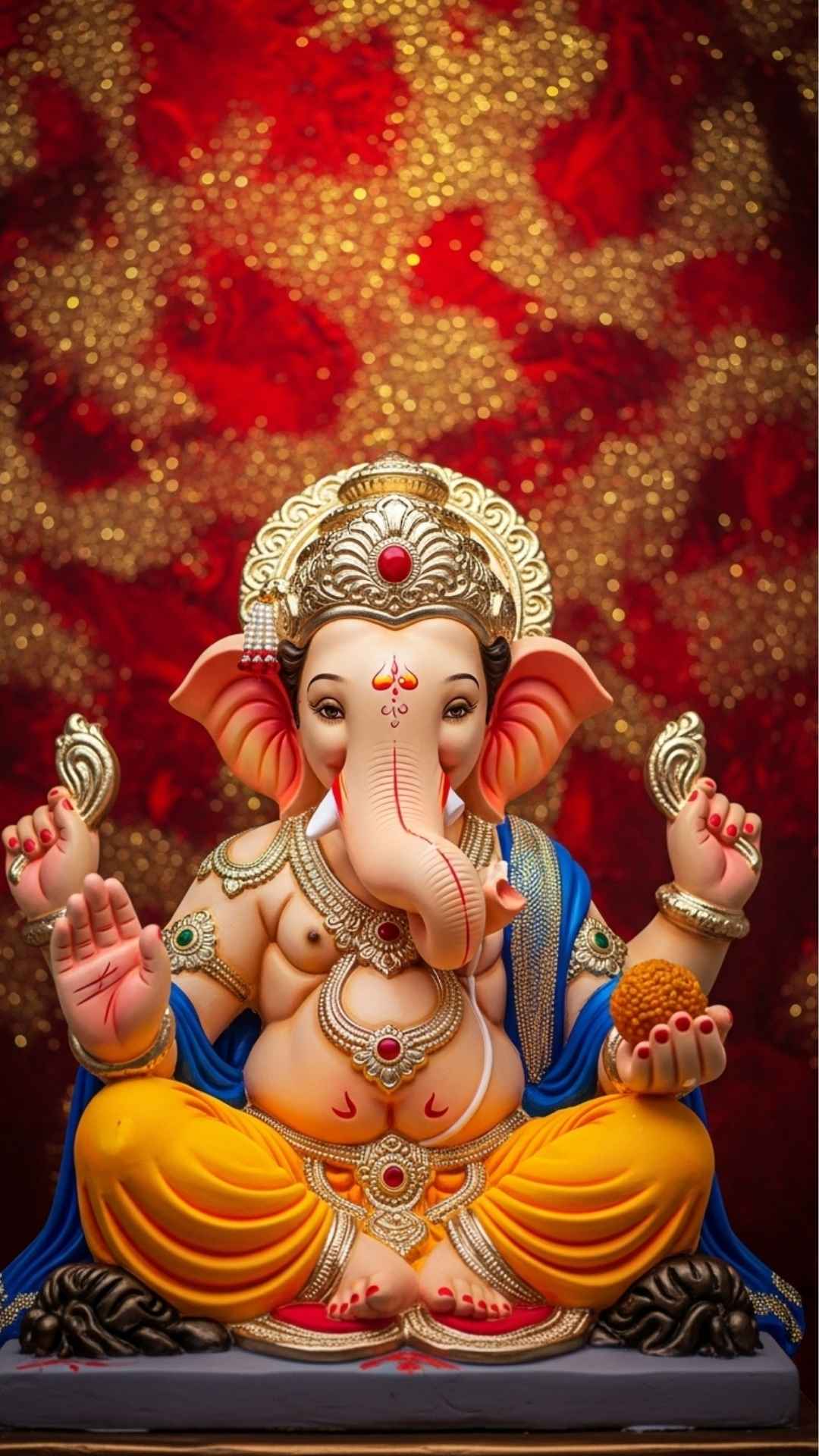 A vibrant HD wallpaper of a smiling Lord Ganesha with laddoo against a red and gold background, symbolizing auspicious energy - Lord Ganesha 4K Wallpaper | Majekfilms.com