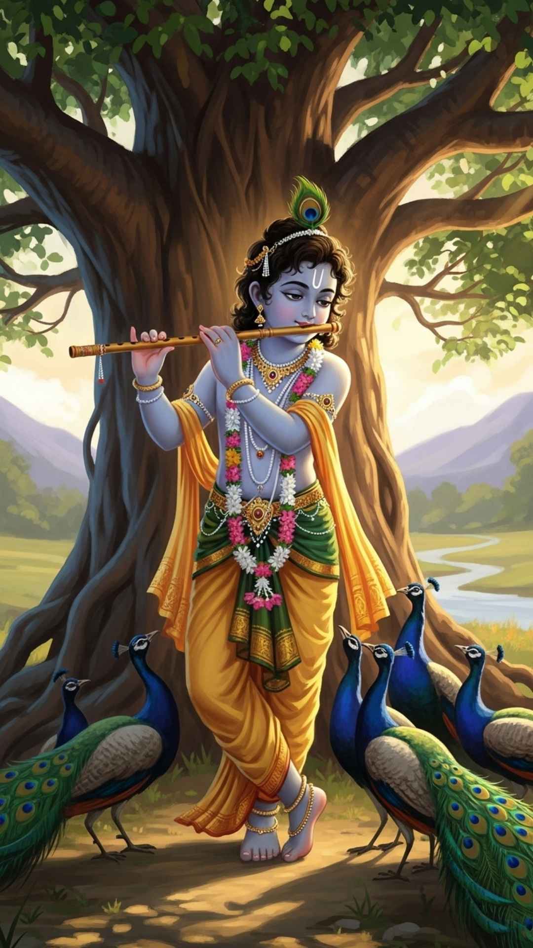 Beautiful religious DP of Lord Krishna playing the flute for peacocks