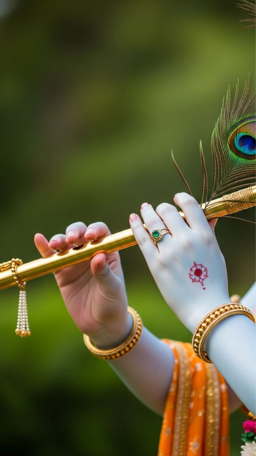An artistic 4K wallpaper of Lord Krishna's hands playing the flute with a peacock feather, a symbol of divine music - Lord Krishna Wallpaper | Majekfilms.com