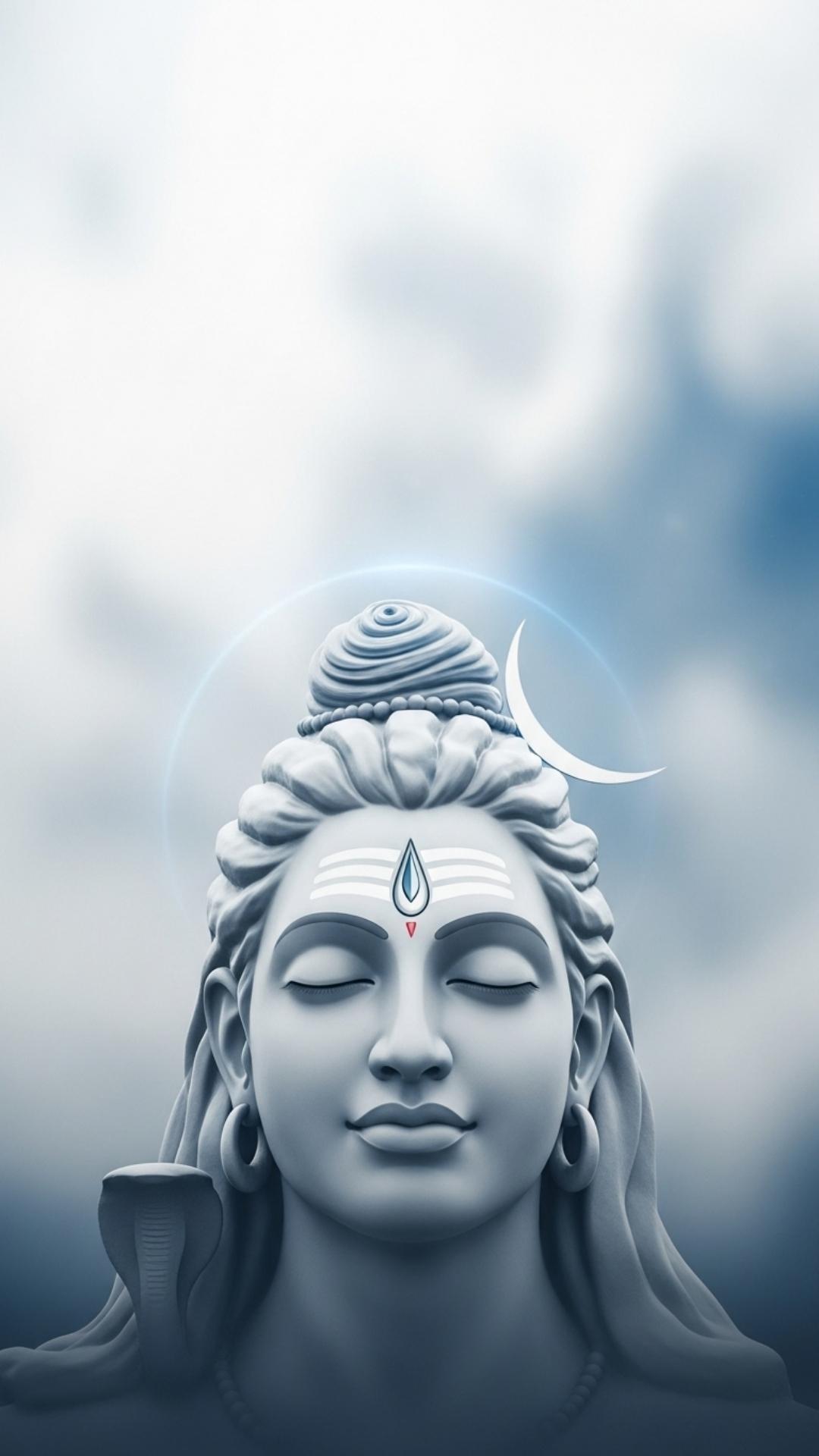 A serene 4K wallpaper of Lord Shiva's face in deep meditation with a blue aura, perfect for peace and focus - Lord Shiva Wallpaper HD | Majekfilms.com