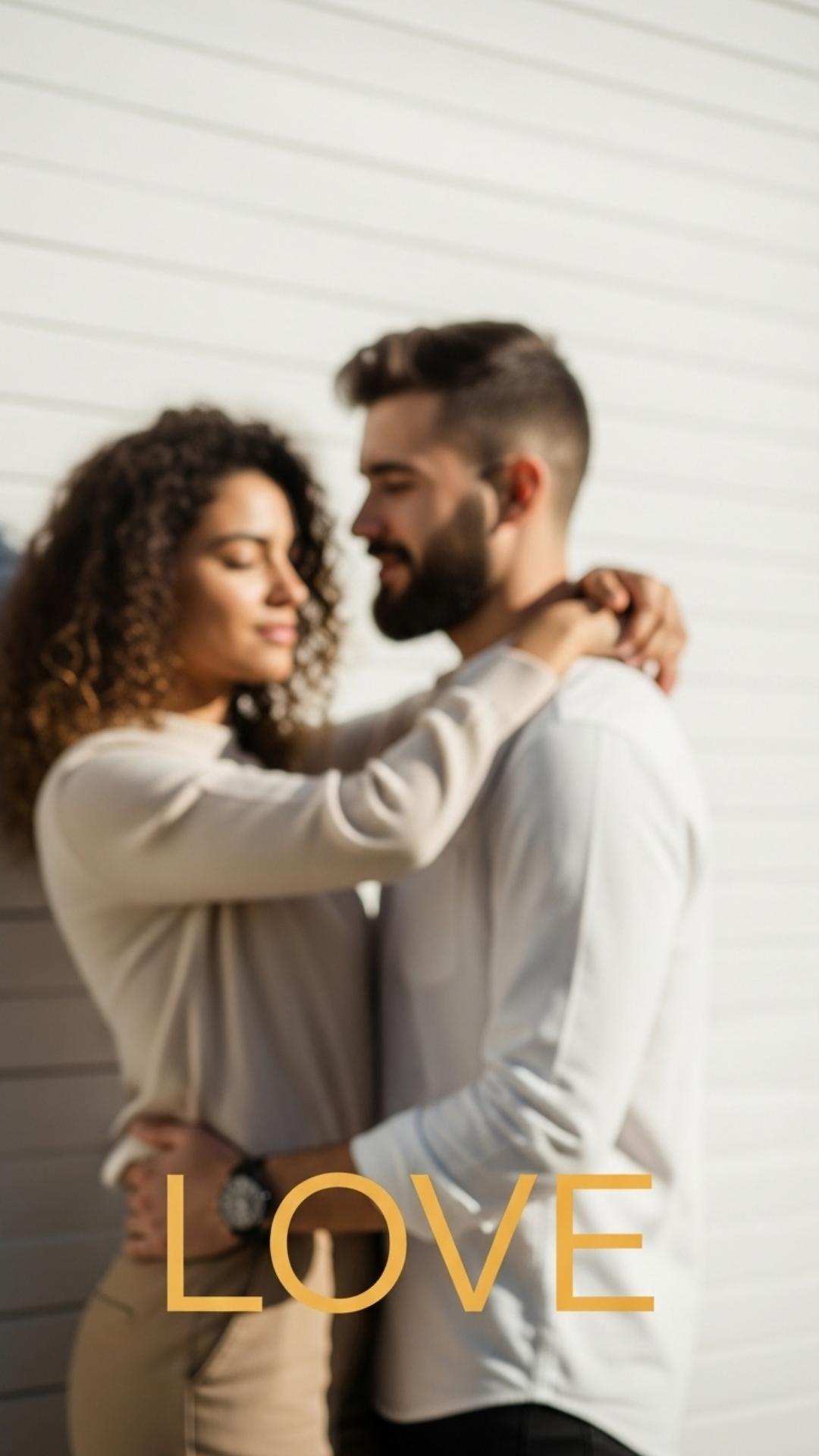 Blurred couple in background with sharp "LOVE" text in foreground.