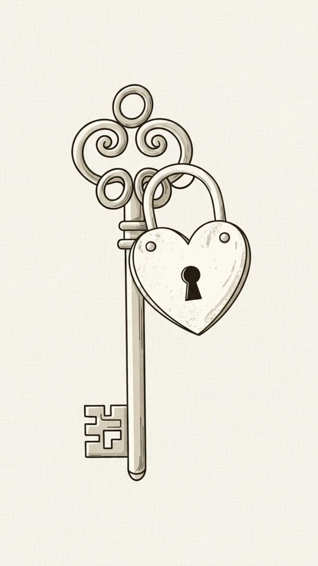 Minimalist key and heart-shaped lock, symbolizing finding true love.