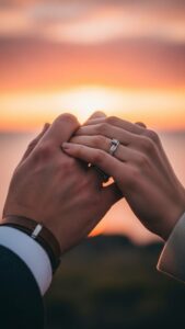 Romantic couple holding hands against a vibrant sunset sky, symbolizing eternal love.