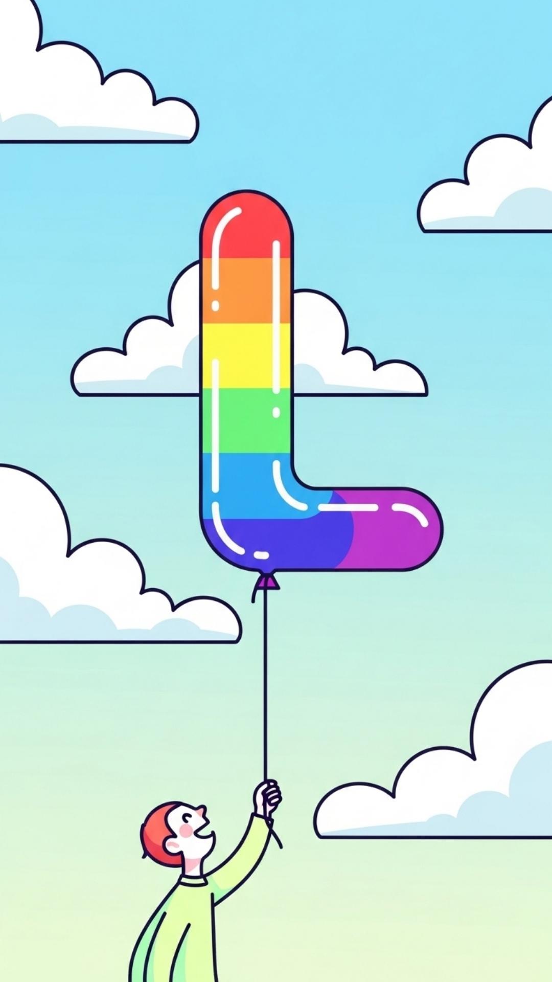 A whimsical illustration of a person holding a balloon shaped like the letter 'L' under a pastel sky.