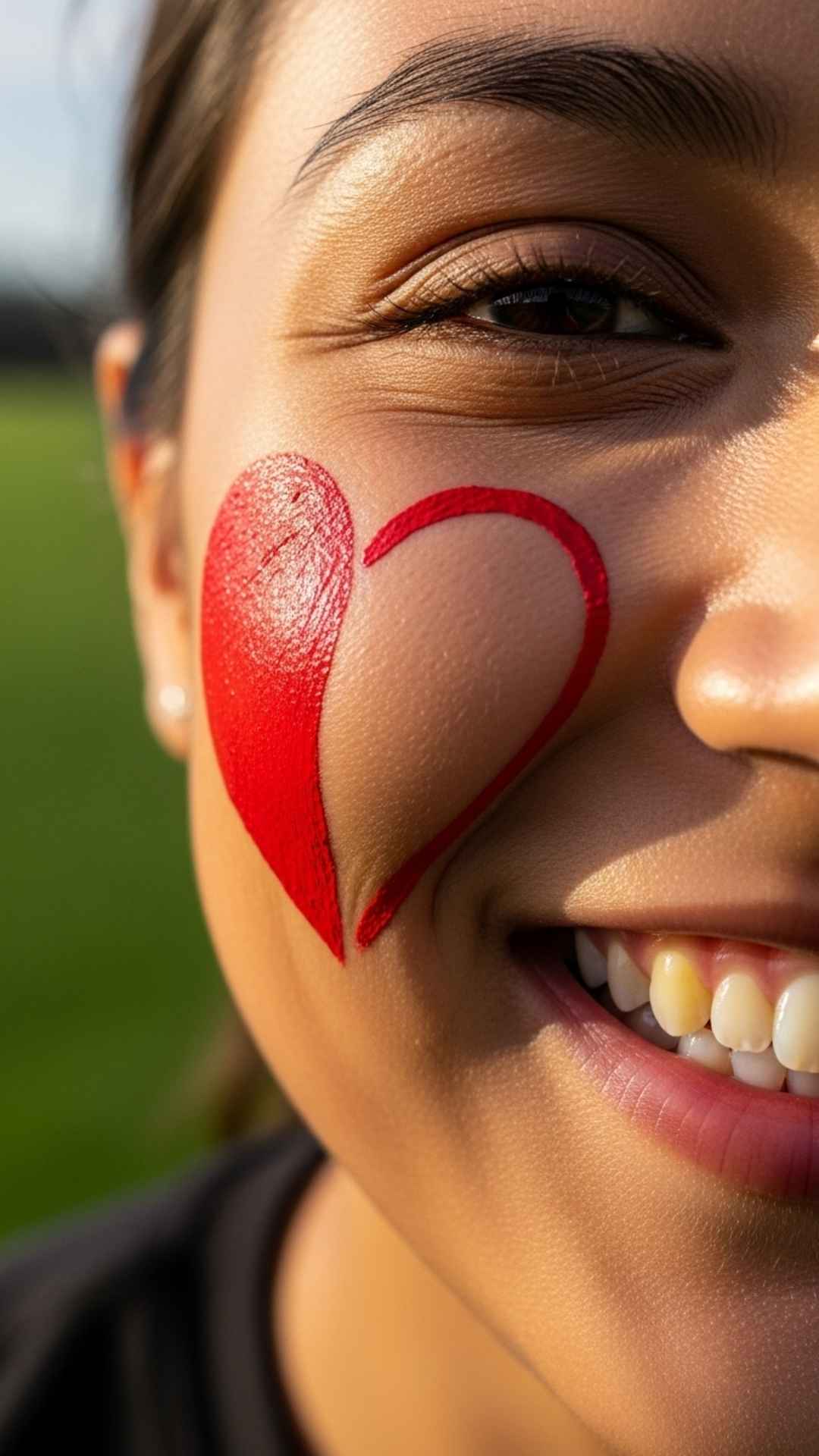 Half of a red heart painted on a person's cheek, smiling in a green field.
