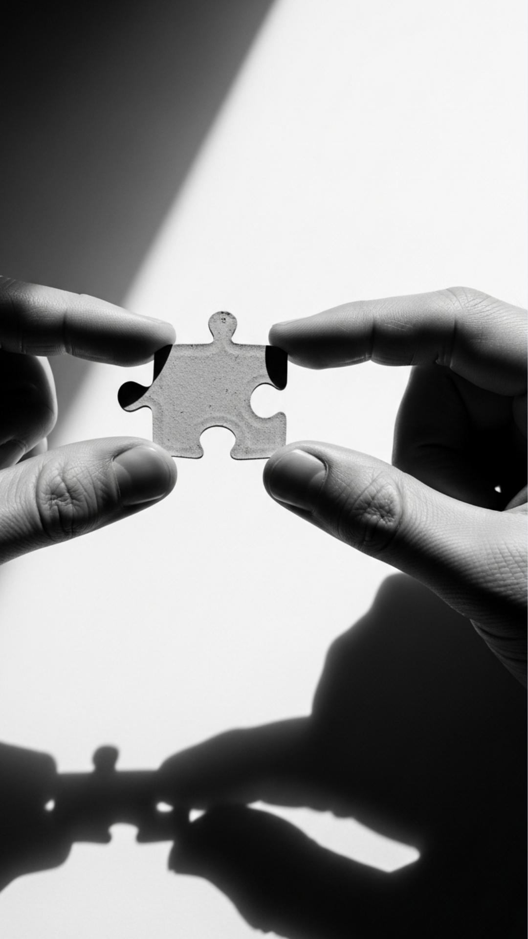 A black and white photo of hands holding one half of a puzzle piece.