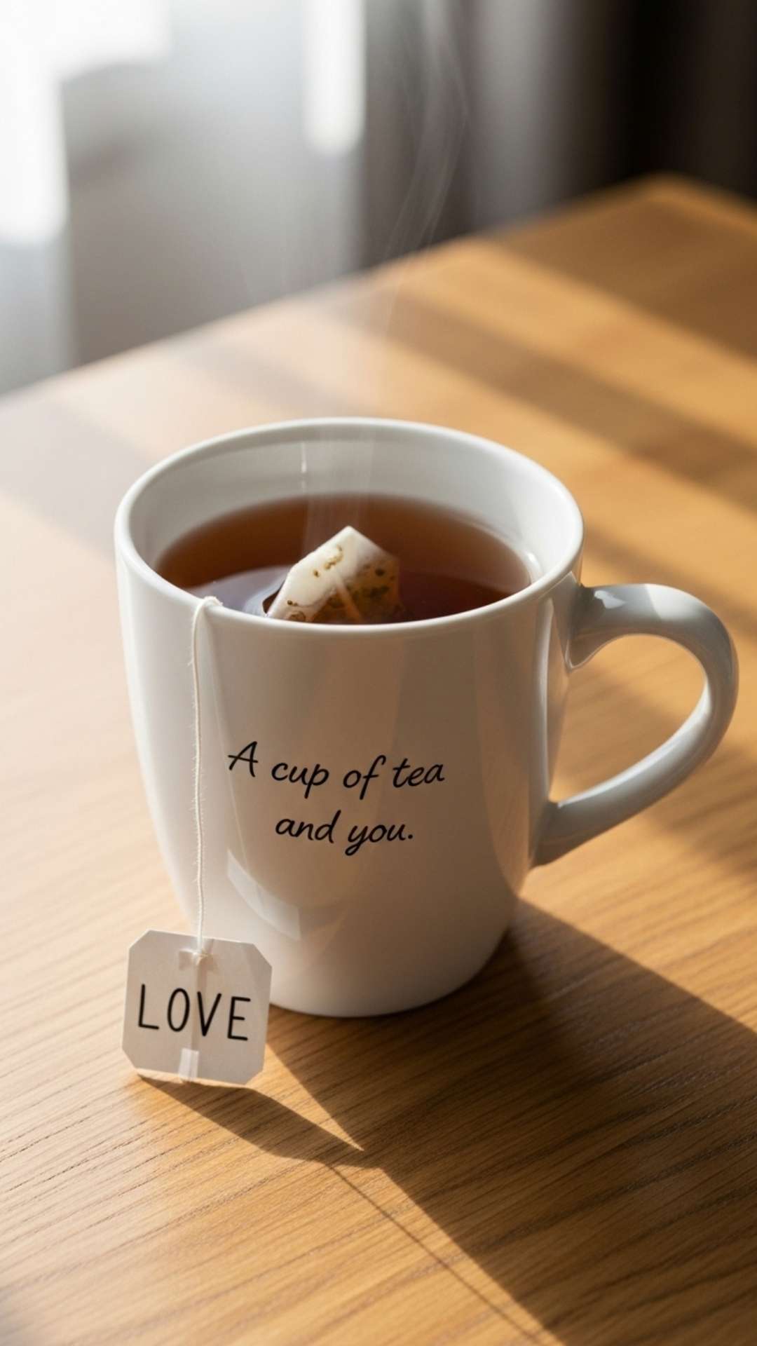 A simple photo of a mug with the quote "A cup of tea and you" and a teabag string spelling "LOVE"
