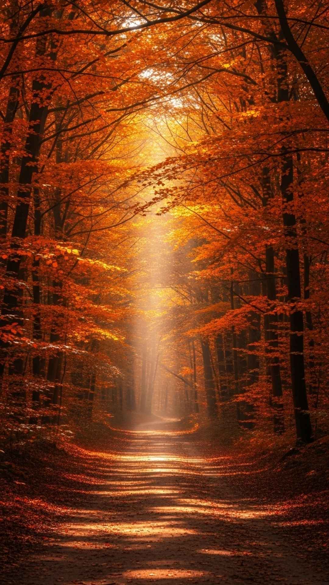 A stunning HD wallpaper of a winding path leading into a vibrant autumn forest with beautiful sunlight rays - Nature Wallpaper | Majekfilms.com