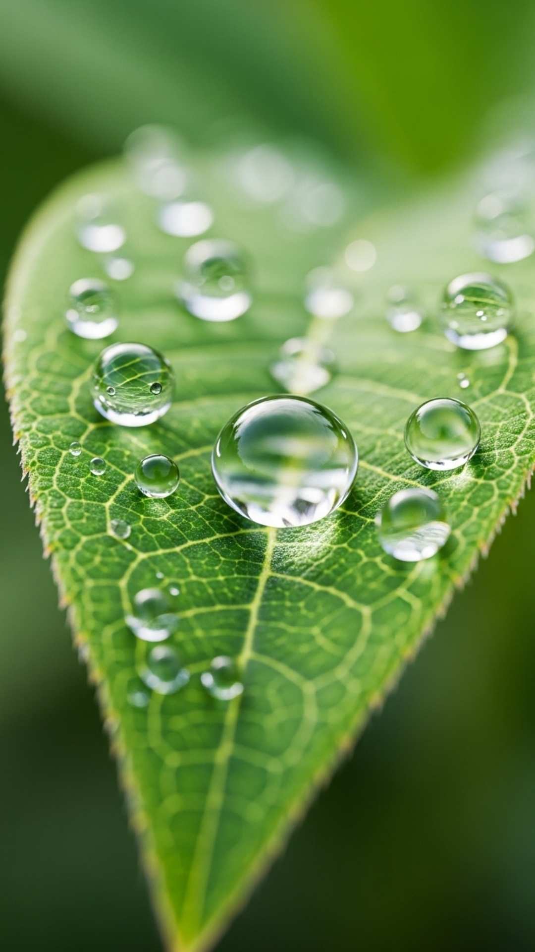 A macro HD wallpaper of a green leaf with sparkling morning dew drops, symbolizing freshness and purity - Green Wallpaper | Majekfilms.com