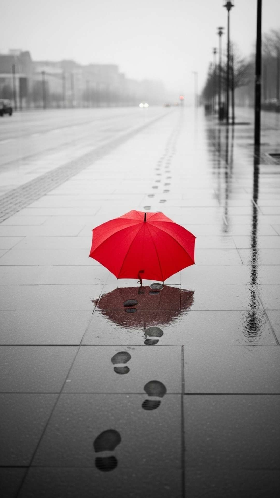 A red umbrella standing alone on a wet sidewalk, with one set of footprints walking away.