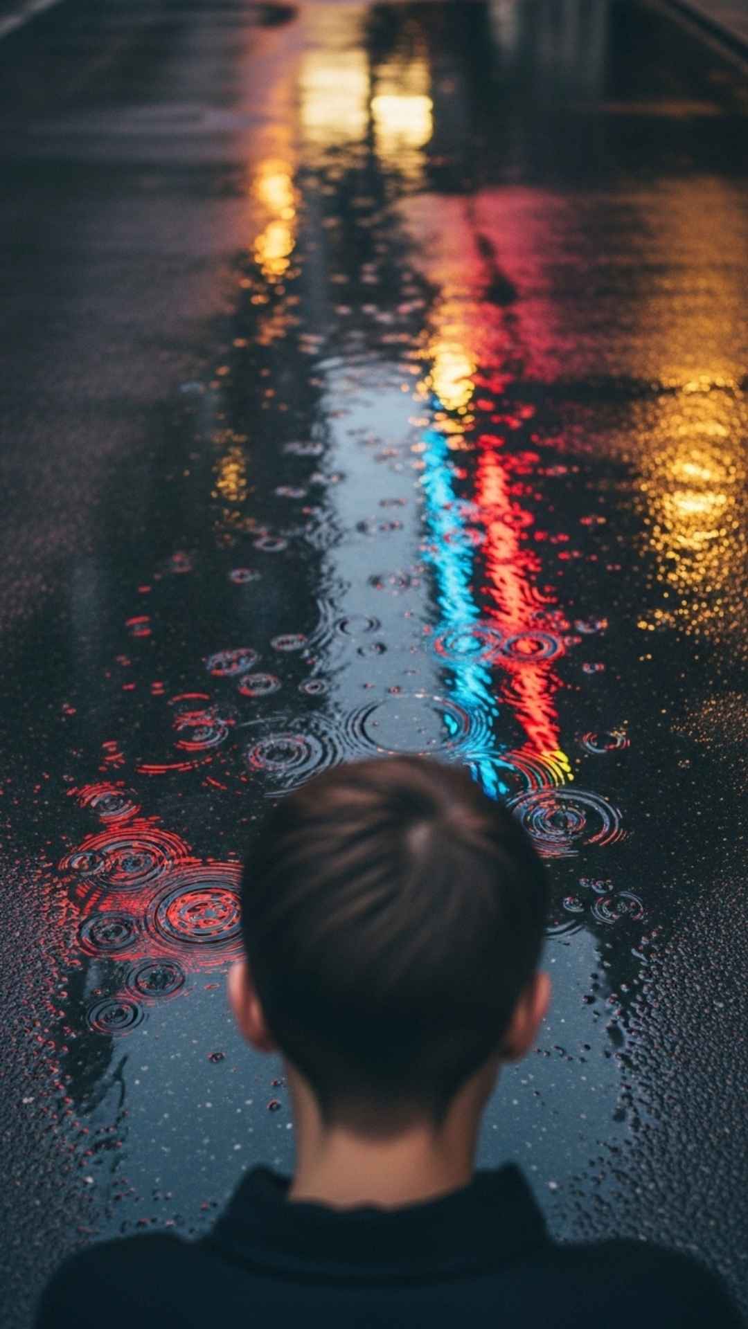 Person looking at reflection in rainy street puddle from high angle, conveying introspection and quiet sadness. Sad DP, reflective, mood