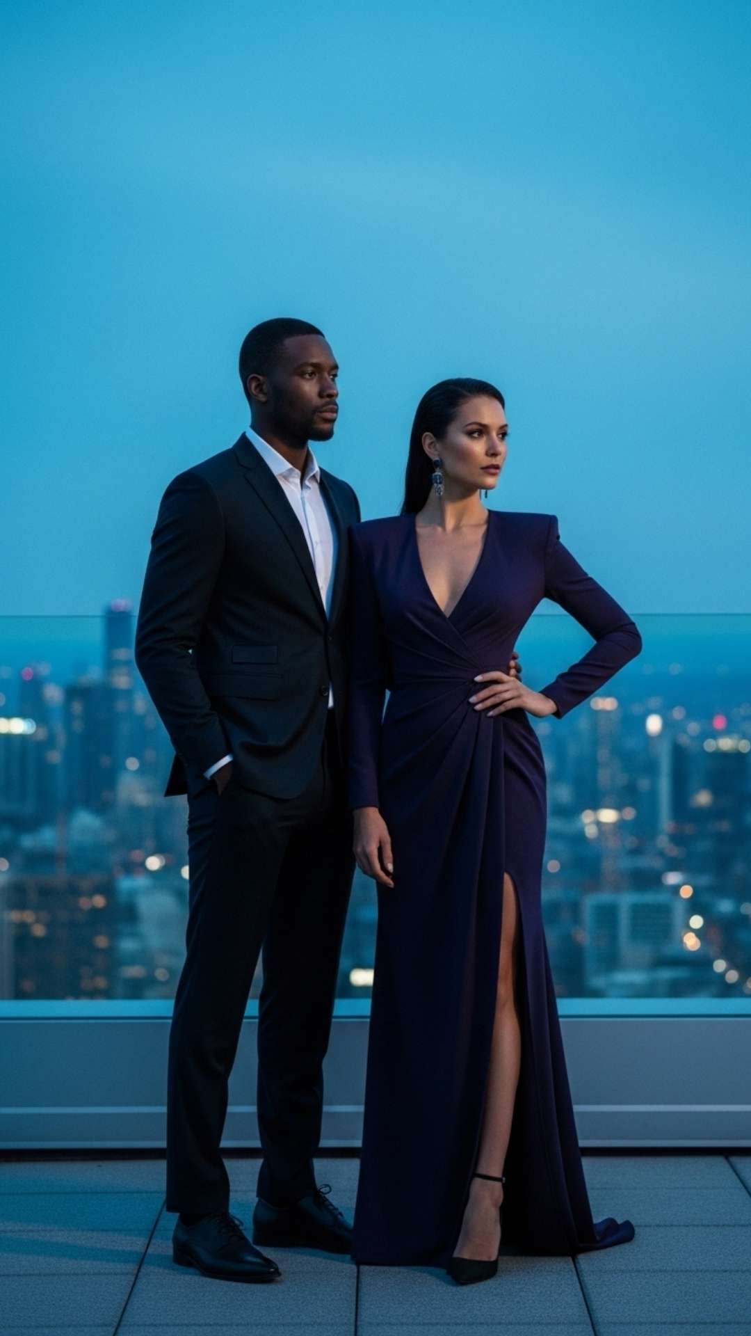 A stylish power couple in formal wear, standing confidently on a city rooftop at dusk, symbolizing ambition and success.