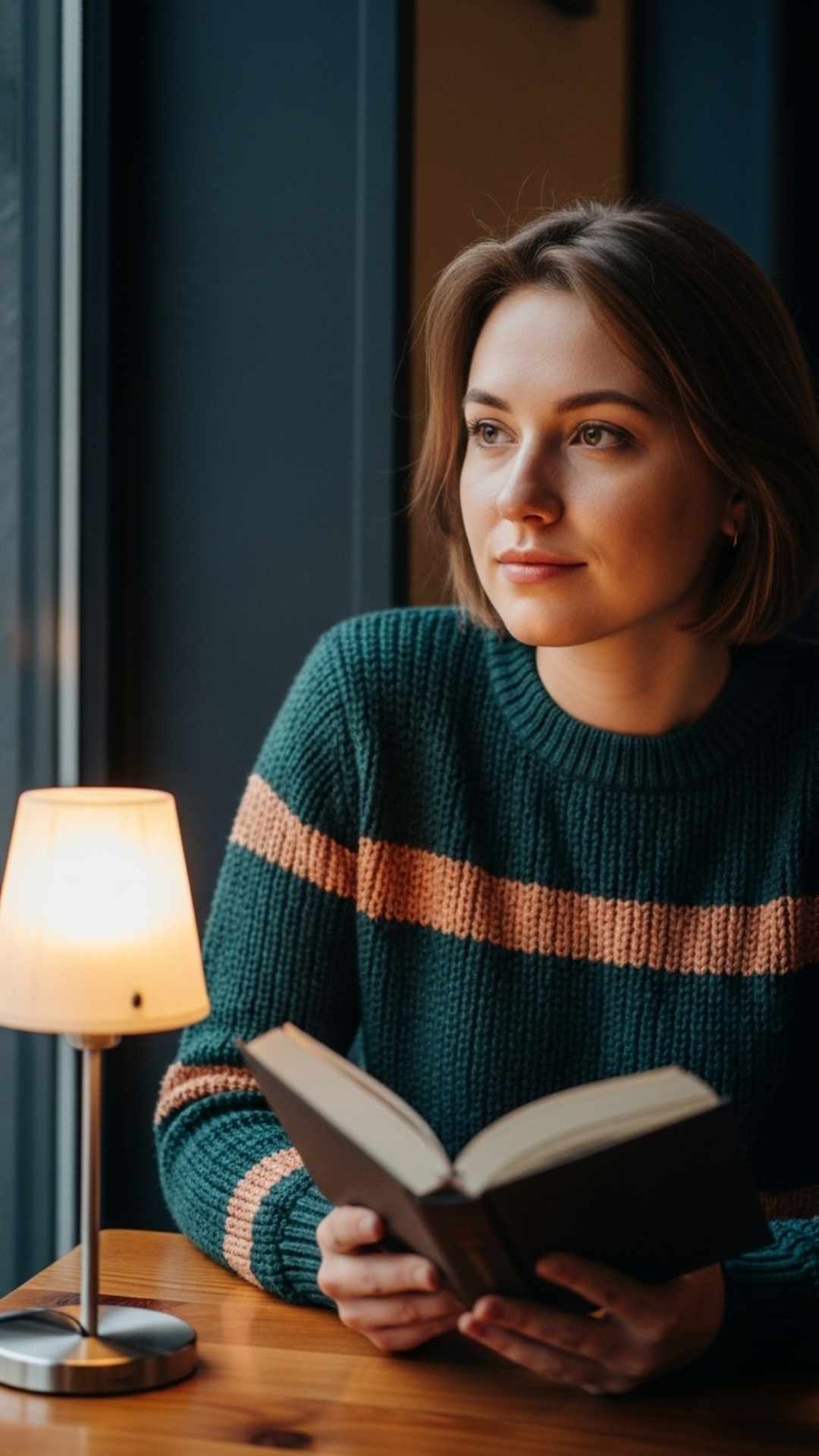 A thoughtful girl in a cafe with a quiet and confident expression, perfect for an intellectual and unique attitude DP.