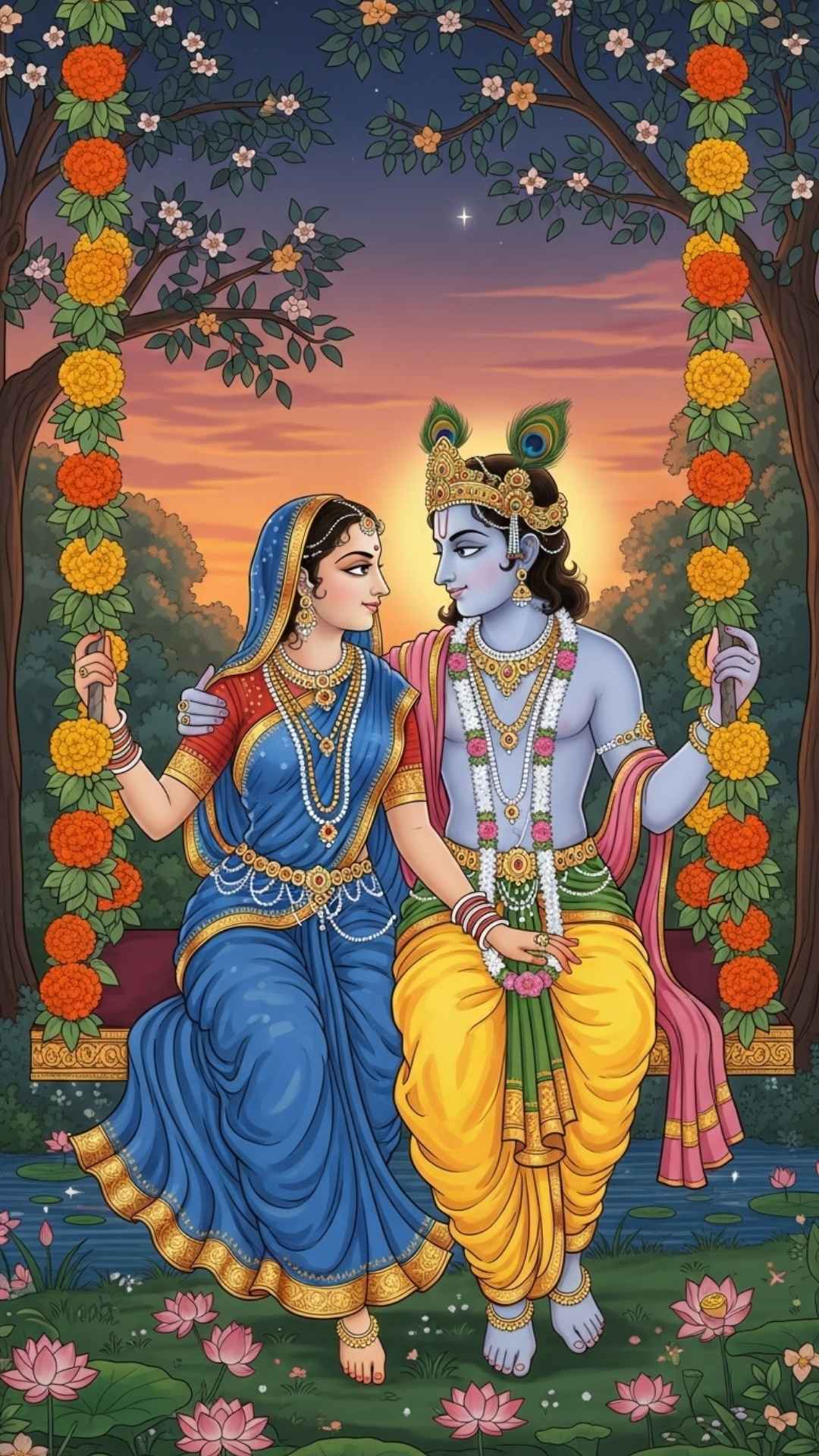 Romantic Radha Krishna DP showing them on a flower swing in a garden