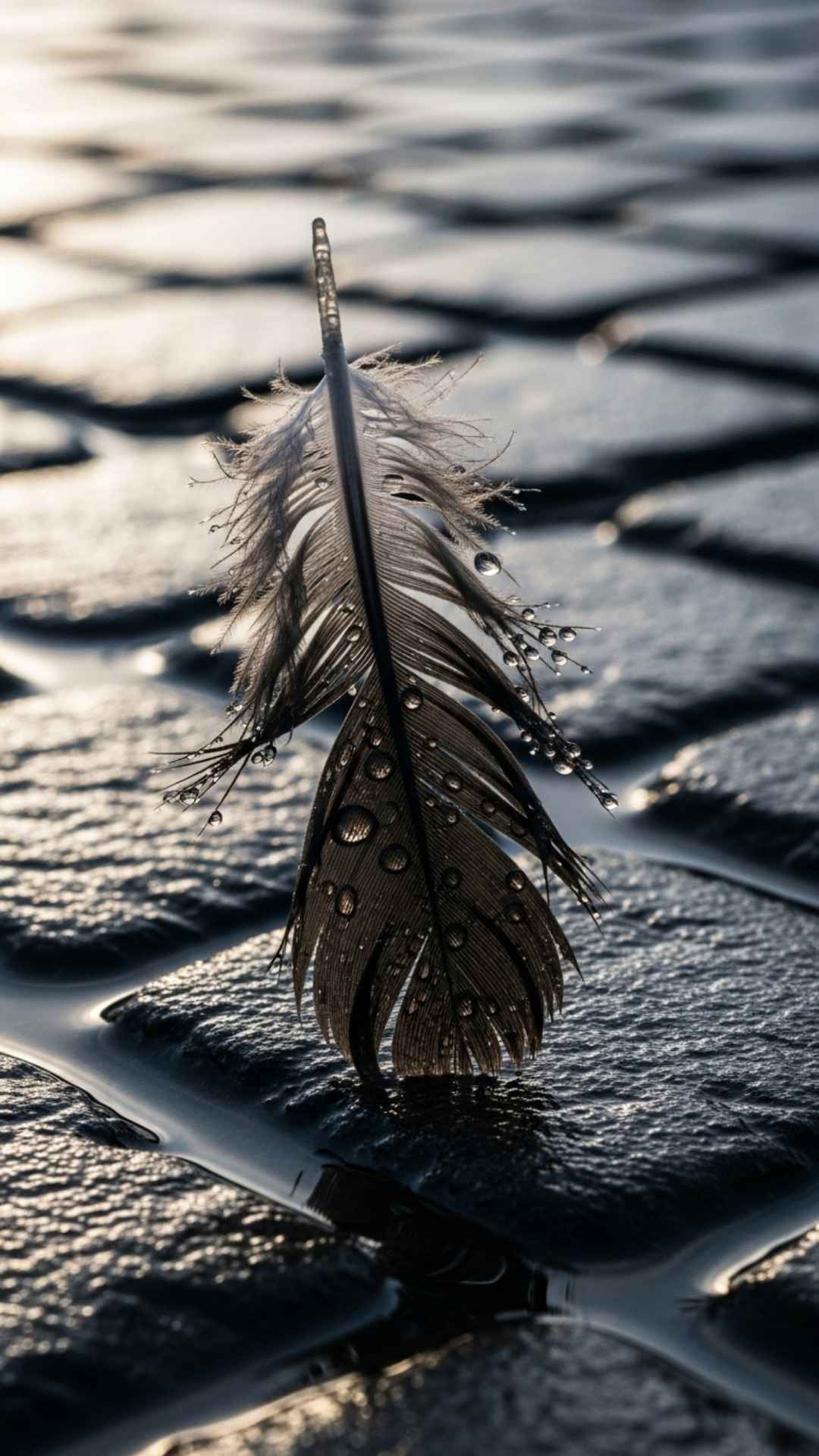Drooping rain-soaked bird feather on wet cobblestones, symbolizing fragility, weight of sorrow, and sadness. Sad DP, feather, wet