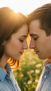 Romantic close-up of a couple with foreheads touching, backlit by the warm glow of a golden hour sunset in a wildflower field.